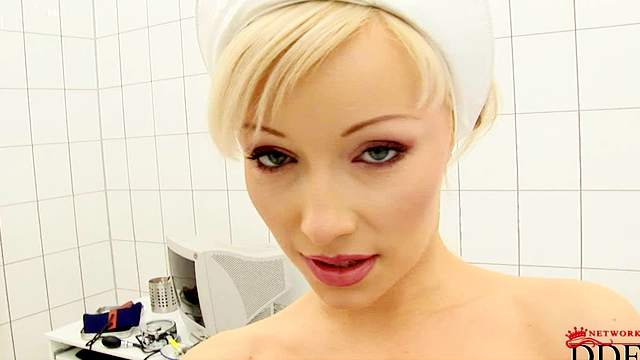 Pretty blonde Maya is a slender nurse