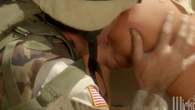 Brunette with pigtails fucks with a military guy