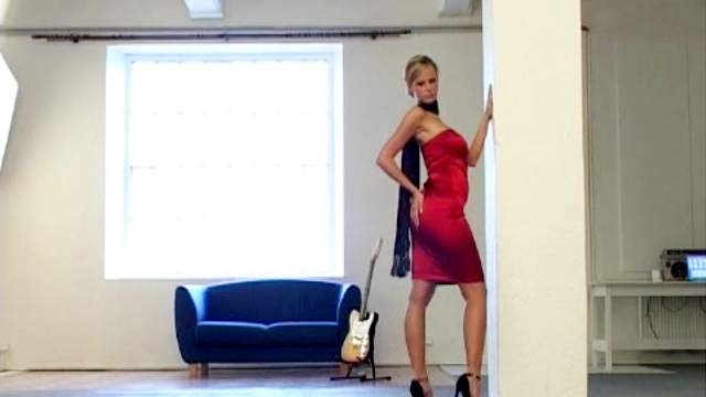 Solo scene with a hot pornstar Zuzana Drabinova in red dress