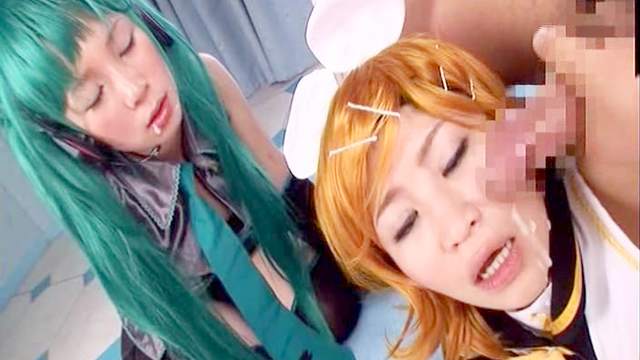 Two cosplay Asians are banging in a hardcore mode