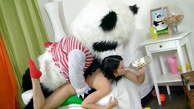 Hardcore dark-haired babe fuck with panda