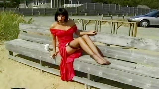 Spicy beauty in red dress is masturbating