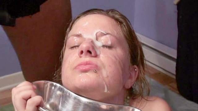 Girl with small tits gets a bukkake in this gangbang