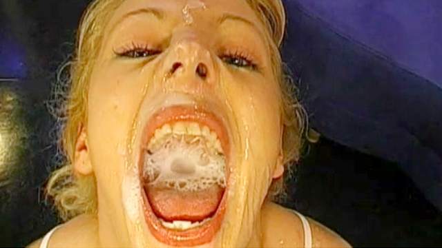 Kinky blonde plays with cum in her mouth in this gangbang