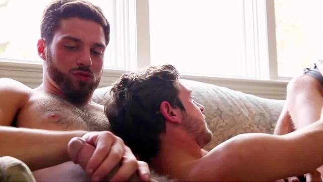 Sensual bearded gays in a hardcore threesome