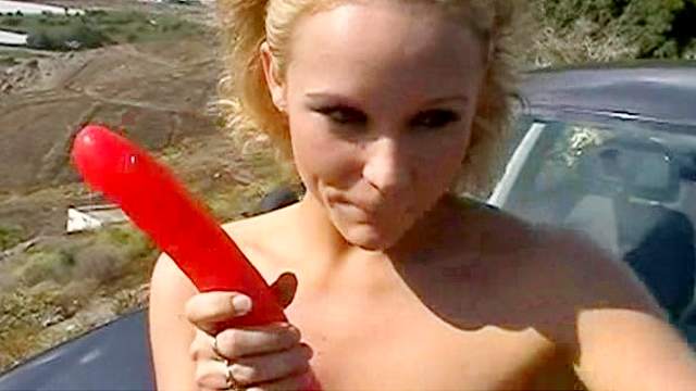 Sexy babe Lucy is sucking her big red dildo