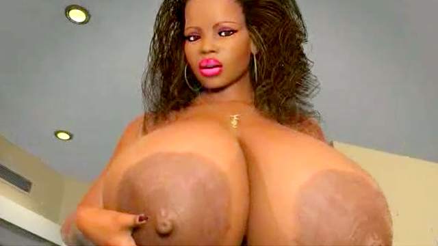 Busty ebony shows her giant 3D boobs