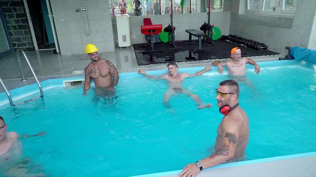 Aroused gay men share the pool for their sexual games