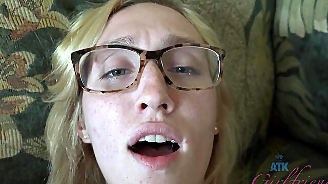 Nerdy young blonde gets busy sucking dick in fine homemade POV