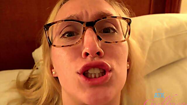 Nerdy blonde plays with the dick until sperm floods her sweet lips