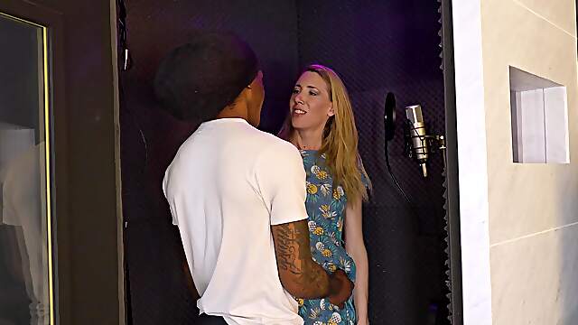 Alluring blonde with skinny forms tries BBC at the studio