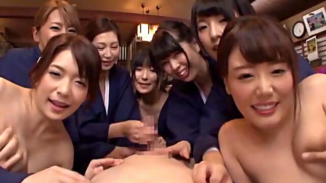 Group of young Japanese schoolgirls are enjoying the same dick in POV
