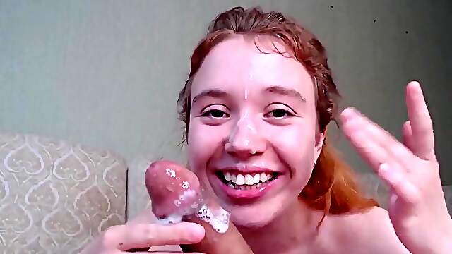 ginger babe sucks dick until sperm pops all over her face
