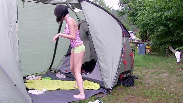 Teen in a tent fingers hot cunt hole