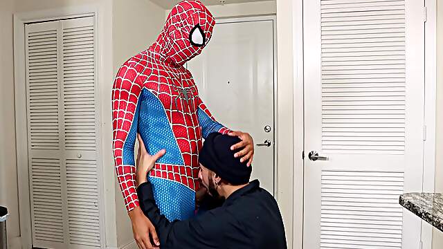 Guy dressed in Spiderman ass fucks gay lover in brutal modes
