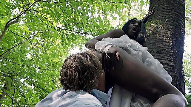 Sweet ebony bride gets naked and fucked in outdoor nature fantasy