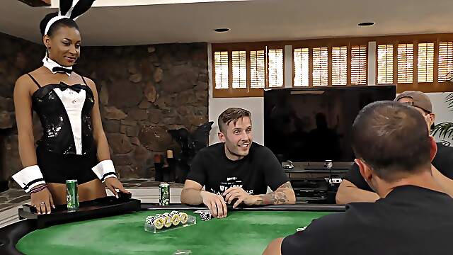 Ebony waitress pleases guys at the poker table with limitless sex