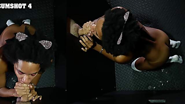 Ebony Myste Vixen gets her big mouth filled with sticky sperm in a pov scene.