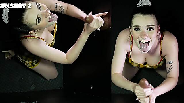 Emma Indica gets her mouth filled with sticky sperm through a gloryhole.