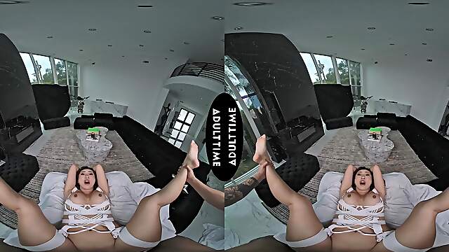 Nicole Doshi rides Oliver Davis’ cock in vr with her big fake tits