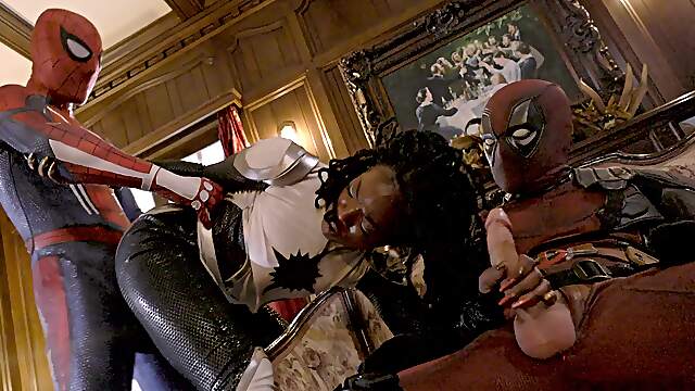 Hot ebony chick Ana Foxxx makes love with two guys in a comic scene