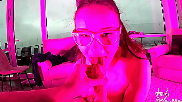 Glasses-wearing amateur Vanessa Klein gets her mouth filled with cum