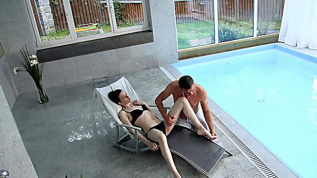 Skinny teen Sunny Honey gets fucked hard in various positions by the pool.