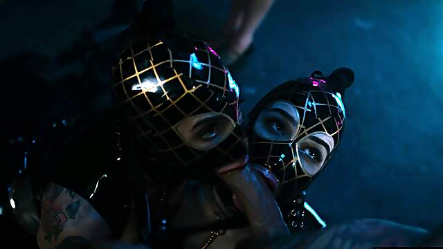 Brunette babes Joanna Angel and Evelyn Claire in a rough latex ffm