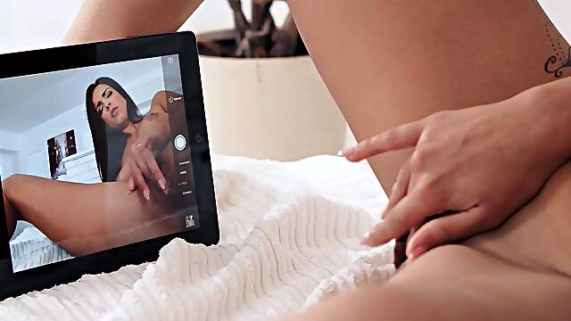 Brunette beauty Foxxi Black spreads her legs to show off her trimmed peach.