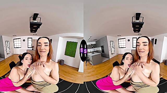 Two cute teens, jasmine and aliсe, play with their peaches in vr