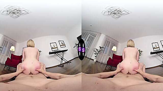 Blond bombshell Mila in VR heaven, her shaved peach screaming on all fours