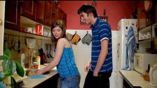 Adorable teen with nice tits laid in kitchen