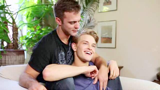 Sweet smiling gay blonde boy fucked