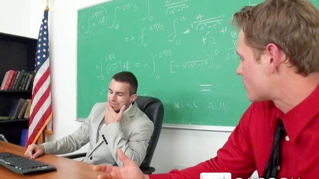 Tattooed gay guys fuck in the classroom