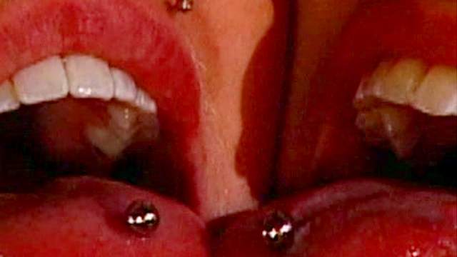 Pierced tongue girls blow him together