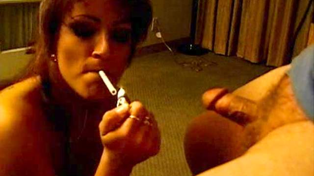 She lights up cigarette and sucks dick