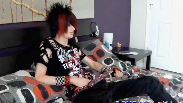 Skinny white emo boy masturbates solo