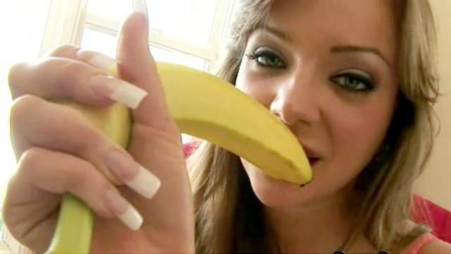 Hot sexy brunette Nika Noir sucks dick instead of banana