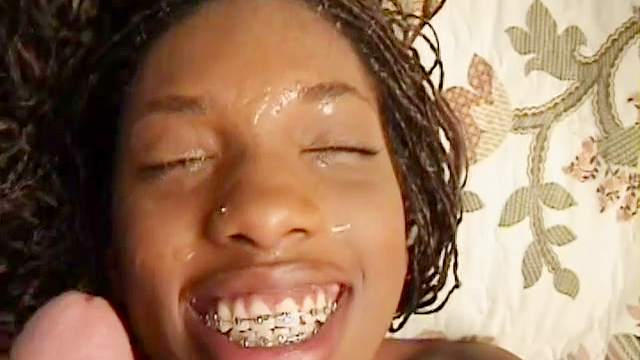 Tanned ebony Mia Long gets white cum over her face