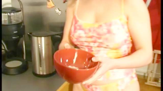 Slutty redhead babe is eating cum for a deep plate