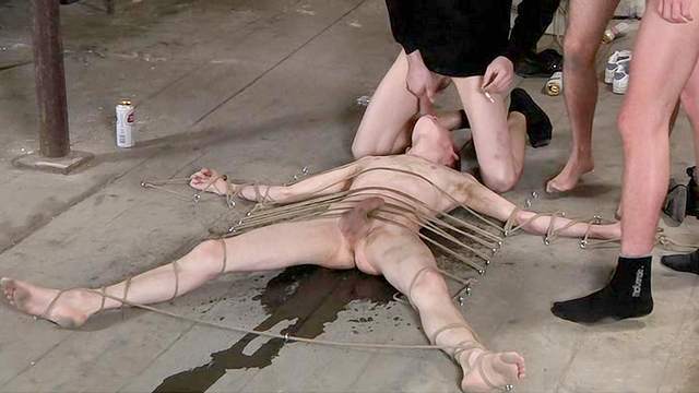 Slender tied dude is playing with his hard shaft