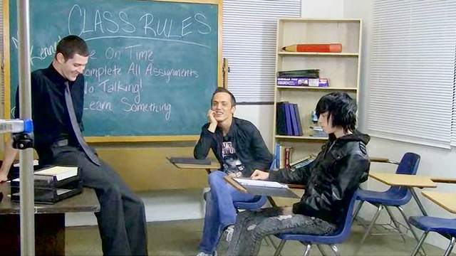 Sweet gay couple is having hardcore sex in the classroom