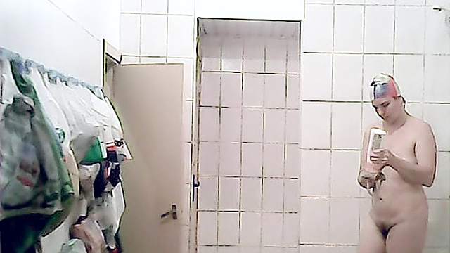 Voyeur scene with a big chubby brunette